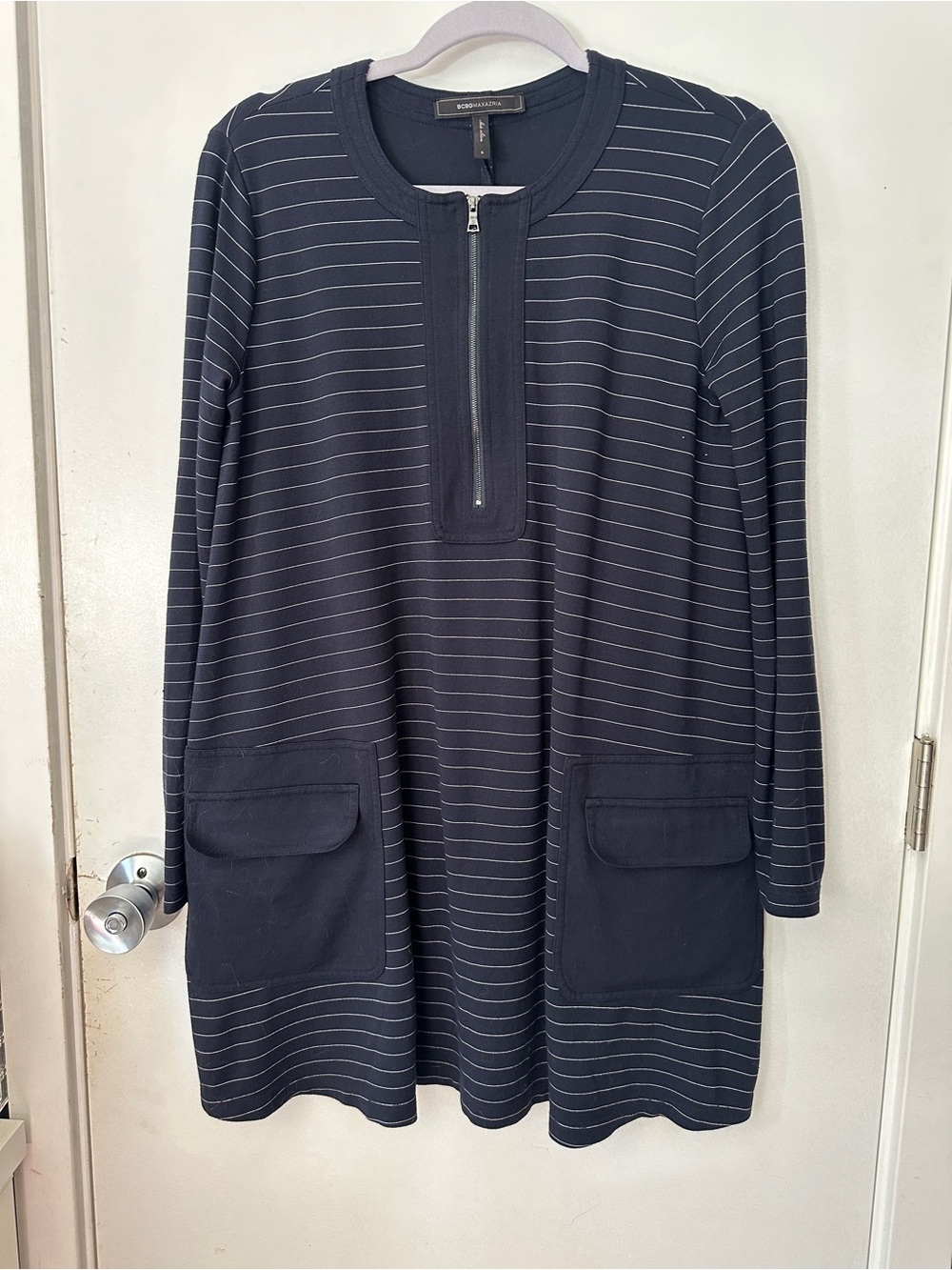 BCBGMaxAzria Navy and White Striped Zip-Front Tunic Dress